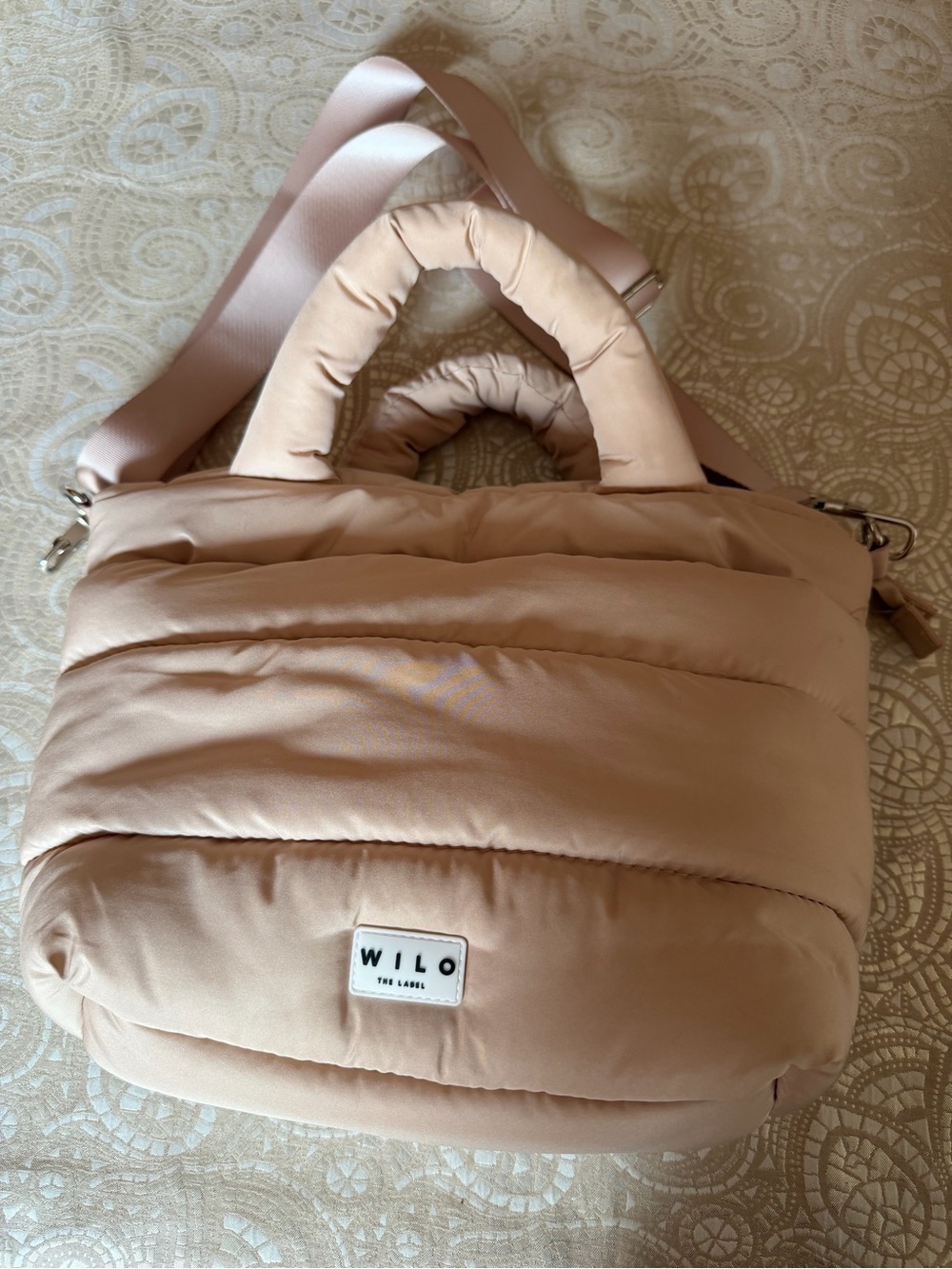 Beige Puffer Shoulder Bag with Top Handle - Picture 2 of 6